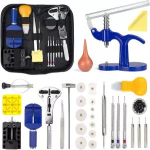 지스텔 시계 수리 키트 + 프레스 휴대용 케이스가 포함된 밴드 링크 핀 세트 배터리 교체 도구 스프링 바