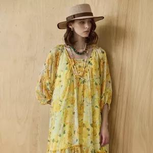 플라워 패턴 스퀘어넥 셔링 쉬폰 롱 원피스1157028