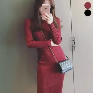 프릴 짱짱한 원피스 여성 슬림핏 반팔 미디 롱 니트 날씬 골지 [fD4EF43]