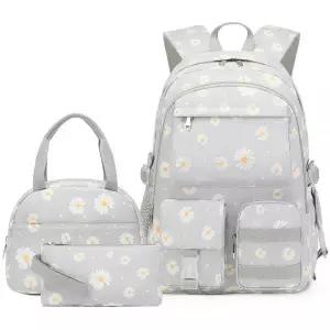 Classic Diamond Daisy 여아용 학교 백팩 백팩 도시락 가방 책가방 세트 백팩 십대 여아용, 회색., 데이지