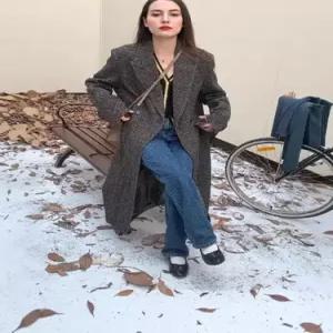 헐크 빈티지 여성용 하프 모직 더블 정장 코트 슬림핏 재킷 헤링본 KKE1