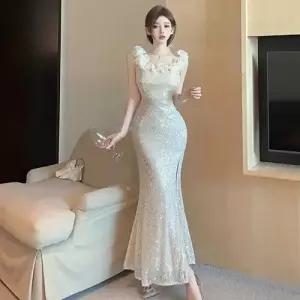 EAMT 원피스 여친 프렌치 어깨 트임 일자 이브닝드레스 럭셔리 스팽글 YJ1