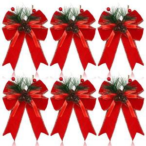 크리스마스 파티를 위한 Syhood 6개의 솔방울이 달린 보우 벨벳 레드 리본 트리 화환 장식 실내 야외 공예 DIY