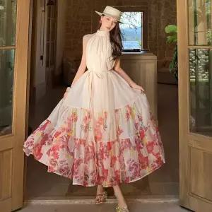 포뇨 스커트 원피스 롱 해변 여성홀터넥 A라인 프린트 쉬폰 민소매 비치 바캉스 OPH1