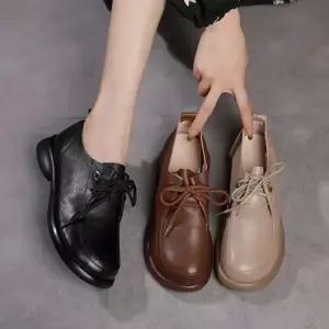 팽블몰 여자 오피스룩 빈티지 캐주얼 진가죽 펌프스 봄가을 플랫 구두 화 스트랩 HO3