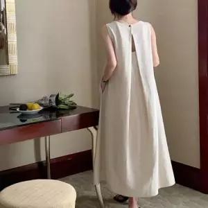 여성코디 심플 뒷트임 세련 고급스러운 린넨 하객룩 롱 원피스