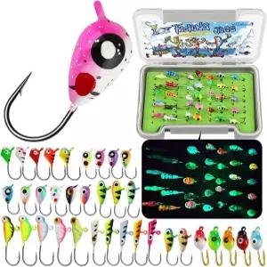 어두운 낚시 장비 속에서 빛나는 도브선 얼음 지그 키트 35개의 헤드와 태클 박스를 팬피쉬 월레이