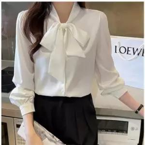 리본 블라우스 베이지 쉬폰 화이트