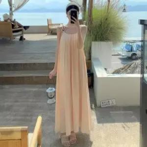 휴양지원피스 바캉스룩 반전뒷태 여성 핀턱 롱원피스 끈타입