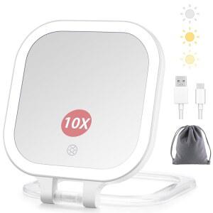 [미국배송] DESCHEN 충전식 여행용 메이크업 배니티 미러 조명 및 확대 기능이 있는 휴대용 1배/10배 확대경 3색 조명이 접이식 LED 데스크 미러