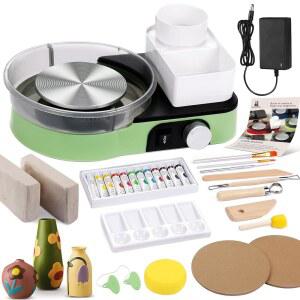 도자기 휠 - 초보자용 완전한 도구 키트, 6인치 턴테이블 양방향 회전 조절 가능 속도, 2.2파운드. 에어 드라이 클레이, 수납 디자인이 적용된 미니 점토 만들기 휠(녹색)