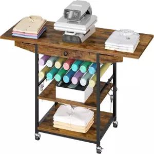 후브로 3단 이동식 열 프레스 테이블 비닐 롤 홀더와 서랍이 있는 접이식 전달 스탠드 헤비 듀티 롤링