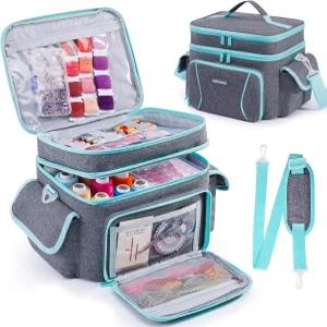 아모이기 이중층 재봉 보관 가방 - 어깨끈 탄성 루프 및 용품 도구 액세서리를 위한 조절 가능한 칸막이가