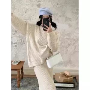 부드러운 여성 골지 니트 팬츠 세트 긴팔 투피스 셋업