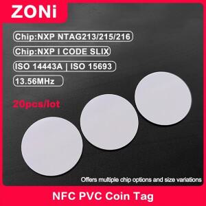 NFC NTAG213 코인 태그 ISO14443A NXP 칩 I CODE SLIX ISO15693 전자 아미보 13.56MHz 원형 카드 20개