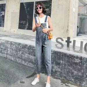 캐주얼 데님룩 여성 9부 롤업 팬츠 연청 멜빵 바지 여름멜빵코디 9부롤업바지