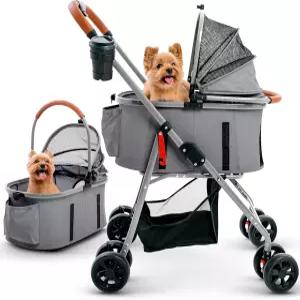 소형견 및 고양이용 반려동물 유모차 - 2-in-1 탈착식 캐리어 지퍼 없는 입구 수납 바구니가 있는 가벼운