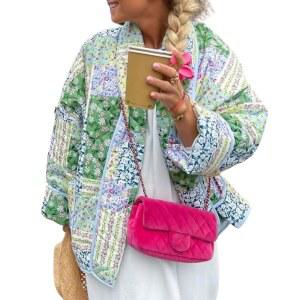 MEYHAD 여성용 크롭 퀼트 경량 재킷 플로럴 프린트 프론트 패딩 코트 가디건 GREEN01