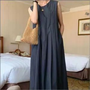 미니 민소매 루즈핏 여름 롱 원피스 편한 여성 우아한 핀턱주름 3색