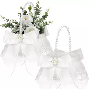 수트민 웨딩 플라워 걸 바구니 2개 세트와 진주 손잡이 보리 화이트 레이스 보크노트 새틴 결혼식 꽃잎