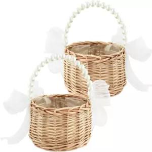 플라워 걸 바구니 세트 손잡이가 달린 작은 위커 라탄 2개 요정 결혼식 야외 피크닉 바구니용 웨딩