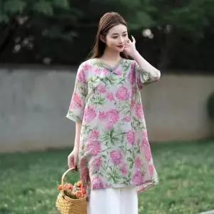 여자 여름 빈티지 프린트 셔츠 박음질 버클 모시 브이넥 상의 오간자 사선 KS1