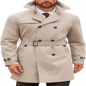 런카티 남성 더블 가슴 트렌치코트 노치 라펠 윈드브레이커 재킷 인과관계 있는 오버코트 벨트 포함