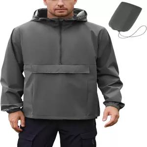 쿠판디 남성용 레인 재킷 방수 경량 패커블 레인코트 풀오버 윈드브레이커 하이킹 러닝용 후드 포함