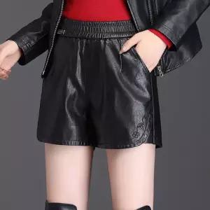 솔저스부츠컷 빅사이즈 와이드팬츠 하이웨스트 여성반바지 허리 자수 가죽바지 밴딩 슬림 반바지 OPH3