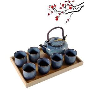 듀저스트 일본 차 세트 6인용, 주전자 1개, 찻잔 6개, 티 트레이 1개가 포함된 가마 변형 유약 도자기 세트, 중국 애호가/여성/남성용 독특한 파란색
