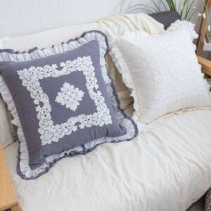 [슬아하임]린넨 북유럽 고급 레이스 프릴 쇼파 카페 침대 인테리어 사각 패브릭 쿠션커버 솜포함 50X50