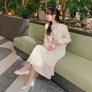 핫핑 페리엇 트위드 노카라 크롭자켓+슬리브리스 플레어 롱원피스 set