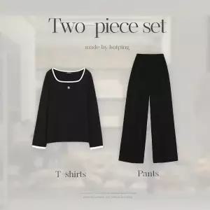 핫핑 [원마일웨어] 리베나 골지 배색긴팔티+밴딩와이드팬츠 투피스set