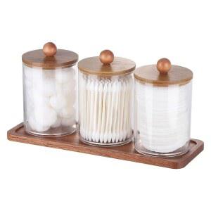 배니티 트레이가 있는 Tbestmax Q팁 홀더 보관용 투명 욕실 용기 디스펜서 면봉/볼/패드 우드 뚜껑