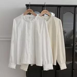 핫핑 [하객룩추천] 헤르만 핀턱 프릴 라운드넥 퍼프블라우스