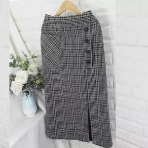 bib_울체크버튼롱치마sok H라인 모직스커트 정장스커트 오피스룩