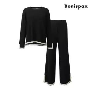 [롯데백화점]보니스팍스 배색 라인 슬릿 라운드 니트 앤 와이드 팬츠 세트 XQ1ST003M0