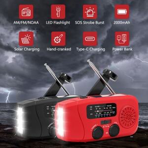 태양광 및 수동 크랭크 AM/FM/WB 비상 라디오 2000mAh 충전식 SOS LED 손전등 포함 야외 생존용 FM 수신기