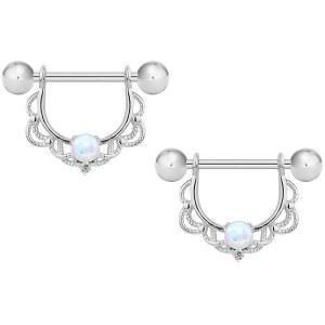 금지된 바디 주얼리 14g-16g 용 강철 합성 오팔 부분 유두 방패 필리그리 바벨 세트