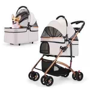 중형견과 고양이를 위한 3-in-1 접이식 반려동물 유모차 - 분리형 캐리어 및 카시트 수납 바구니 5인치