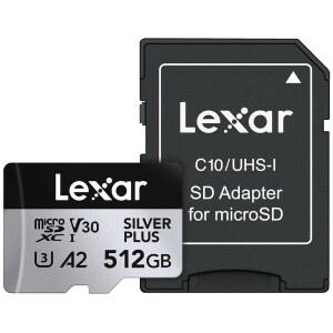 비디오그래퍼, 게이머를 위한 Lexar 512GB 프로페셔널 실버 플러스 마이크로 SD 카드, UHS-I, C10, U3, V30, 풀 HD 및 4K, 최대 205/150MB/s 마이크로SDXC 메모리 카드(LMSS 512G-BNANU)
