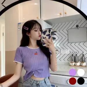 상큼한 체리 자수 포인트 여름 여성 반크롭 티셔츠