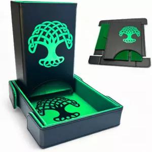 행운의 실험실 접이식 주사위 타워와 RPG 테이블 탑 게임용 트레이 - 블랙/그린 트리 오브 라이프 디자인