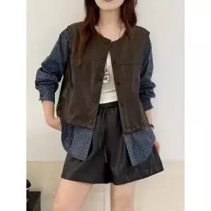 여친 페이크 투피스 조끼 스트라이프 가죽 라운드 블레이저 OP1