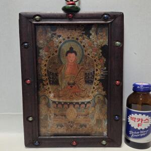 티벳 천주 보석장식 석가불 영지패 걸이 높이29cm 단초마을 골동품/수집품/도자기