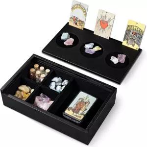 엠포고 나무 타로 카드 홀더 - 슬라이드 탑 뚜껑 2개의 슬롯으로 8장의 카드를 보관하고 크리스탈 보석