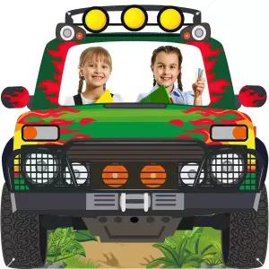 몬스터 테마 트럭 사진 부스 소품 공룡 장식 녹색 및 빨간색 자동차 셀카 프레임 배경 동물 쥬라기 생일