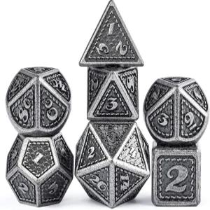 DNDND 드래곤 스케일 메탈 주사위 세트 던전 앤 D D용 선물 케이스와 함께 7피스 다면체 메탈릭 다이 (고대