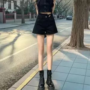 검정 여자데님반바지 언밸런스 하이웨스트 청반바지 스판 A라인 핫팬츠룩 날씬해 보이기 ible1