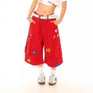 팬츠 빨강 데님 빈티지 여자데님반바지 와이드 반바지 별 자수 칠부 ible1